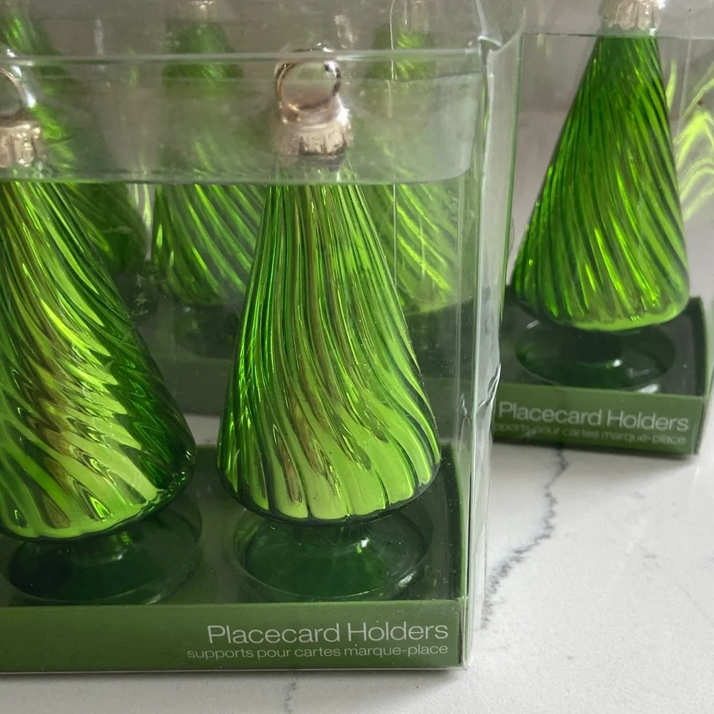 Crate & Barrel Glass Christmas Tree Place Card Holders Set 8 Green